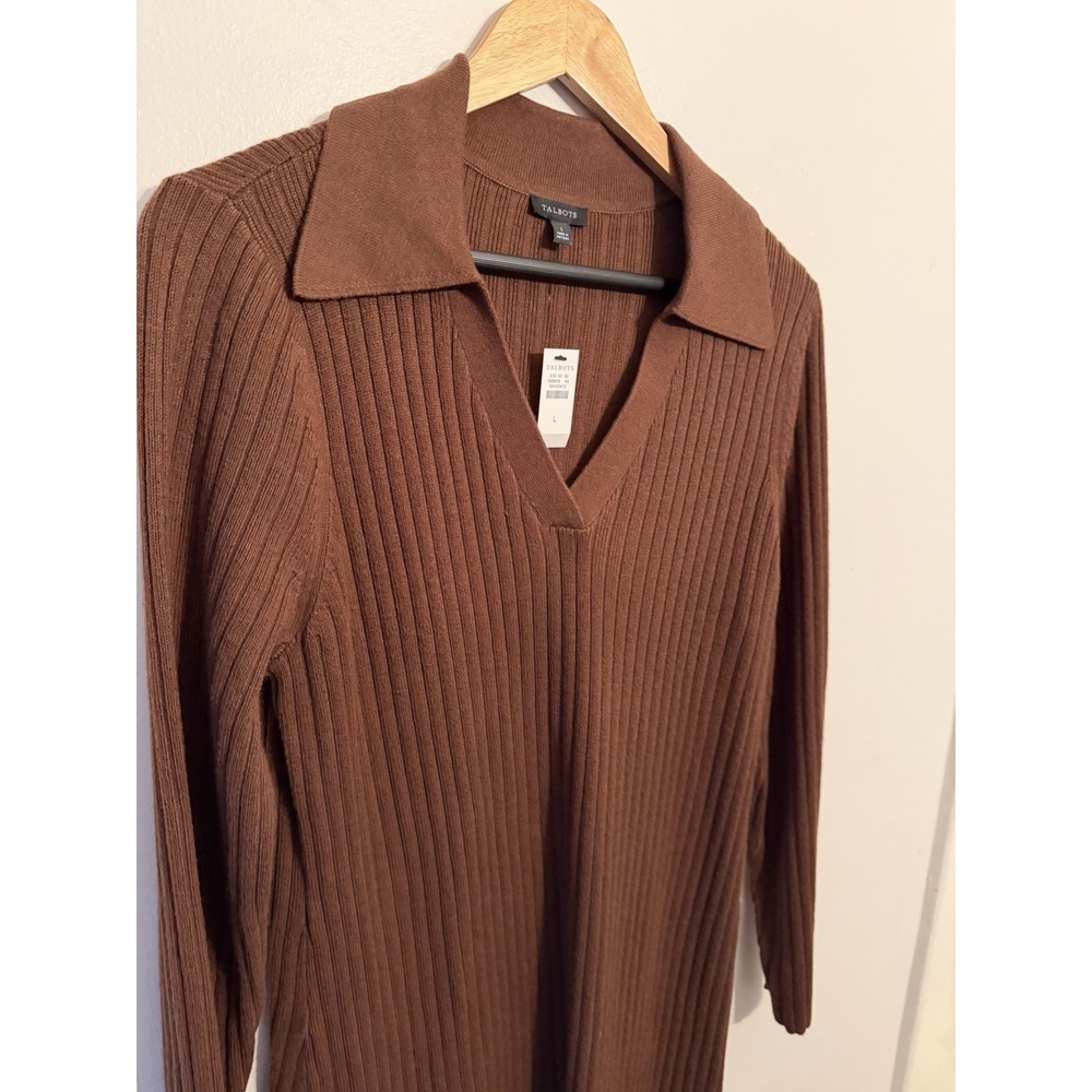 Talbots Women's Brown Collared Ribbed LS Sweater Dress Cozy Fall Large New - Picture 3 of 6